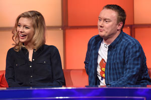 Dara O Briain's Go 8 Bit. Image shows from L to R: Rachel Riley, Steve McNeil. Copyright: DLT Entertainment Ltd.