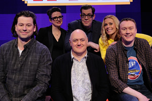 Dara O Briain's Go 8 Bit. Image shows from L to R: Sam Pamphilon, Ellie Gibson, Dara O Briain, Richard Osman, Sara Pascoe, Steve McNeil. Copyright: DLT Entertainment Ltd.