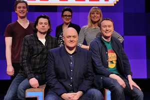 Dara O Briain's Go 8 Bit. Image shows from L to R: Daniel Sloss, Sam Pamphilon, Ellie Gibson, Dara O Briain, Sara Cox, Steve McNeil. Copyright: DLT Entertainment Ltd.