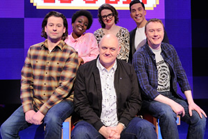 Dara O Briain's Go 8 Bit. Image shows from L to R: Sam Pamphilon, Lolly Adefope, Dara O Briain, Ellie Gibson, Russell Kane, Steve McNeil. Copyright: DLT Entertainment Ltd.