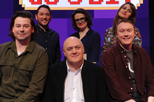 Dara O Briain's Go 8 Bit. Image shows from L to R: Sam Pamphilon, Jon Richardson, Dara O Briain, Ellie Gibson, Ellie Taylor, Steve McNeil. Copyright: DLT Entertainment Ltd.