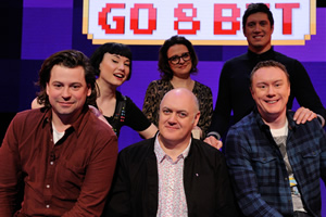 Dara O Briain's Go 8 Bit. Image shows from L to R: Sam Pamphilon, Bec Hill, Dara O Briain, Ellie Gibson, Vernon Kay, Steve McNeil. Copyright: DLT Entertainment Ltd.