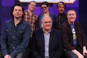 Dara O Briain's Go 8 Bit. Image shows from L to R: Sam Pamphilon, Robert Webb, Ellie Gibson, Dara O Briain, Gemma Cairney, Steve McNeil. Copyright: DLT Entertainment Ltd.