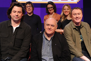 Dara O Briain's Go 8 Bit. Image shows from L to R: Sam Pamphilon, Elis James, Dara O Briain, Ellie Gibson, Edith Bowman, Steve McNeil. Copyright: DLT Entertainment Ltd.