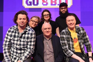 Dara O Briain's Go 8 Bit. Image shows from L to R: Sam Pamphilon, Liza Tarbuck, Ellie Gibson, Dara O Briain, Jamali Maddix, Steve McNeil. Copyright: DLT Entertainment Ltd.