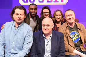 Dara O Briain's Go 8 Bit. Image shows from L to R: Sam Pamphilon, Ore Oduba, Dara O Briain, Ellie Gibson, Kerry Howard, Steve McNeil. Copyright: DLT Entertainment Ltd.