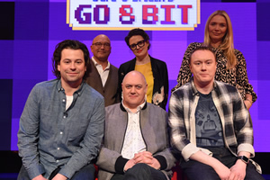 Dara O Briain's Go 8 Bit. Image shows from L to R: Sam Pamphilon, Gregg Wallace, Dara O Briain, Ellie Gibson, Steve McNeil, Jodie Kidd. Copyright: DLT Entertainment Ltd.