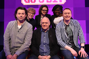 Dara O Briain's Go 8 Bit. Image shows from L to R: Sam Pamphilon, Josh Widdicombe, Ellie Gibson, Dara O Briain, Maggie Aderin-Pocock, Steve McNeil. Copyright: DLT Entertainment Ltd.