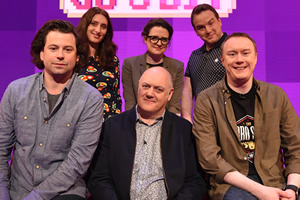 Dara O Briain's Go 8 Bit. Image shows from L to R: Sam Pamphilon, Jessica Knappett, Dara O Briain, Ellie Gibson, Matt Forde, Steve McNeil. Copyright: DLT Entertainment Ltd.