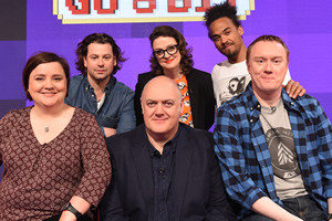 Dara O Briain's Go 8 Bit. Image shows from L to R: Susan Calman, Sam Pamphilon, Dara O Briain, Ellie Gibson, Devin Griffin, Steve McNeil. Copyright: DLT Entertainment Ltd.