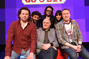 Dara O Briain's Go 8 Bit. Image shows from L to R: Sam Pamphilon, Nish Kumar, Dara O Briain, Ellie Gibson, Anna Richardson, Steve McNeil. Copyright: DLT Entertainment Ltd.