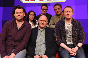 Dara O Briain's Go 8 Bit. Image shows from L to R: Sam Pamphilon, Natalie Cassidy, Dara O Briain, Ellie Gibson, John Thomson, Steve McNeil. Copyright: DLT Entertainment Ltd.