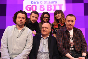 Dara O Briain's Go 8 Bit. Image shows from L to R: Sam Pamphilon, Kevin Bridges, Ellie Gibson, Dara O Briain, Natasia Demetriou, Steve McNeil. Copyright: DLT Entertainment Ltd.