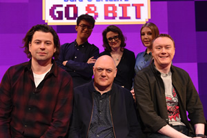 Dara O Briain's Go 8 Bit. Image shows from L to R: Sam Pamphilon, Phil Wang, Dara O Briain, Ellie Gibson, Katherine Ryan, Steve McNeil. Copyright: DLT Entertainment Ltd.