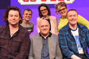 Dara O Briain's Go 8 Bit. Image shows from L to R: Sam Pamphilon, Simon Gregson, Dara O Briain, Ellie Gibson, Jayde Adams, Steve McNeil. Copyright: DLT Entertainment Ltd.