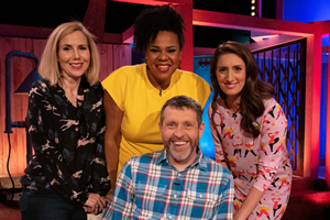 Dave Gorman: Terms And Conditions Apply. Image shows from L to R: Sally Phillips, Desiree Burch, Dave Gorman, Jessica Knappett. Copyright: Avalon Television