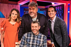 Dave Gorman: Terms And Conditions Apply. Image shows from L to R: Cariad Lloyd, Phill Jupitus, Dave Gorman, Jimmy Carr. Copyright: Avalon Television