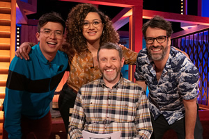 Dave Gorman: Terms And Conditions Apply. Image shows from L to R: Phil Wang, Rose Matafeo, Dave Gorman, Marcus Brigstocke. Copyright: Avalon Television