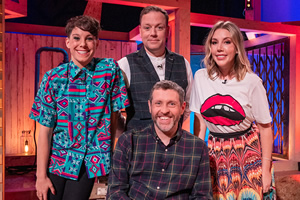 Dave Gorman: Terms And Conditions Apply. Image shows from L to R: Suzi Ruffell, Rufus Hound, Dave Gorman, Katherine Ryan. Copyright: Avalon Television