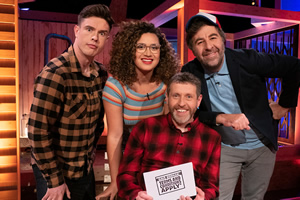 Dave Gorman: Terms And Conditions Apply. Image shows from L to R: Ed Gamble, Rose Matafeo, Dave Gorman, David O'Doherty. Copyright: Avalon Television