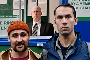 Deep Heat. Image shows from L to R: Woodhouse (Ivan Gonzalez), Administrator (Matt Lucas), Jack (Max Olesker)