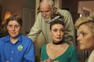 Derry Girls. Image shows from L to R: Ciaran (Jamie Beamish), Granda Joe (Ian McElhinney), Aunt Sarah (Kathy Kiera Clarke), Ma Mary (Tara Lynne O'Neill). Copyright: Hat Trick Productions