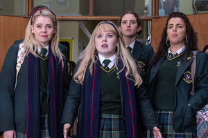 Derry Girls. Image shows from L to R: Erin Quinn (Saoirse-Monica Jackson), Clare Devlin (Nicola Coughlan), Orla McCool (Louisa Harland), Michelle Mallon (Jamie-Lee O'Donnell). Copyright: Hat Trick Productions