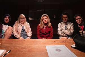 Derry Girls. Image shows from L to R: Orla McCool (Louisa Harland), Clare Devlin (Nicola Coughlan), Erin Quinn (Saoirse-Monica Jackson), Michelle Mallon (Jamie-Lee O'Donnell), James Maguire (Dylan Llewellyn)