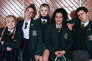 Derry Girls. Image shows from L to R: Clare Devlin (Nicola Coughlan), Orla McCool (Louisa Harland), Erin Quinn (Saoirse-Monica Jackson), Michelle Mallon (Jamie-Lee O'Donnell), James Maguire (Dylan Llewellyn)