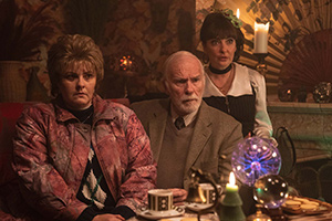 Derry Girls. Image shows from L to R: Ma Mary (Tara Lynne O'Neill), Granda Joe (Ian McElhinney), Aunt Sarah (Kathy Kiera Clarke)