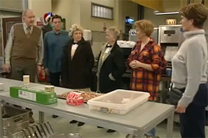 dinnerladies. Image shows left to right: Stan (Duncan Preston), Tony (Andrew Dunn), Jean (Anne Reid), Dolly (Thelma Barlow), Brenda (Victoria Wood), Philippa Moorcroft (Celia Imrie)