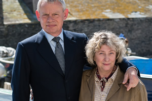 Doc Martin. Image shows from L to R: Dr Martin Ellingham (Martin Clunes), Angela Sim (Caroline Quentin)