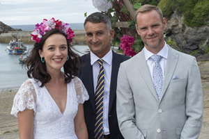 Doc Martin. Image shows from L to R: Morwenna Newcross (Jessica Ransom), PC Penhale (John Marquez), Al Large (Joe Absolom)