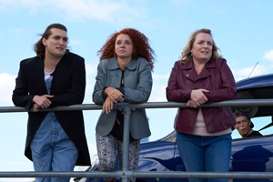 Don't Forget The Driver. Image shows from L to R: Bradley (Jo Eaton-Kent), Kayla (Erin Kellyman), Fran (Claire Rushbrook), Kieran (Wills Whittington)