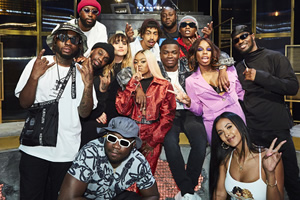 Don't Hate The Playaz. Image shows from L to R: ODG, Mojo, Kruddz, Natasia Demetriou, Mxjib, Lady Leshurr, Jordan Stephens, Shortee Blitz, Michael Dapaah, Dope, London Hughes, Maya Jama, Papii Abz