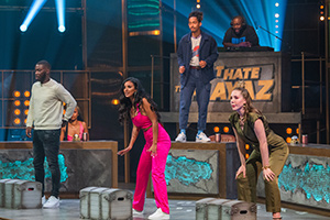 Don't Hate The Playaz. Image shows from L to R: Harry Pinero, Maya Jama, Jordan Stephens, Shortee Blitz, Katherine Ryan. Copyright: Monkey Kingdom