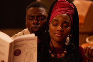 Dreaming Whilst Black. Image shows left to right: Maurice (Demmy Ladipo), Funmi (Rachel Adedeji). Credit: BBC, Big Deal Films