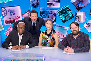 Duck Quacks Don't Echo. Image shows from L to R: Trevor McDonald, Lee Mack, Katherine Ryan, David Mitchell. Copyright: Magnum Media