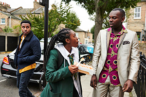 Enterprice. Image shows from L to R: Jeremiah (Trieve Blackwood-Cambridge), Simi (Fatou Sohna), Kazim (Kayode Ewumi). Copyright: Fudge Park