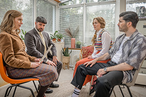 Everyone Else Burns. Image shows left to right: Fiona Lewis (Kate O'Flynn), David Lewis (Simon Bird), Rachel (Amy James-Kelly), Jebediah (Paddy Young)