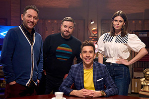 Evil Genius With Russell Kane. Image shows left to right: Jon Richardson, Alex Brooker, Russell Kane, Ellie Taylor