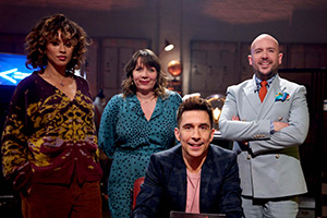 Evil Genius With Russell Kane. Image shows left to right: Michelle De Swarte, Kerry Godliman, Russell Kane, Tom Allen