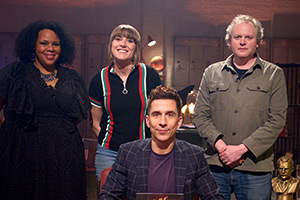 Evil Genius With Russell Kane. Image shows left to right: Desiree Burch, Maisie Adam, Russell Kane, Miles Jupp