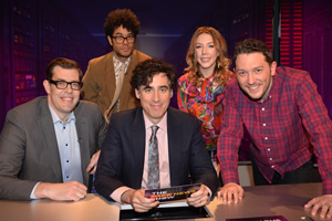 The Fake News Show. Image shows from L to R: Richard Osman, Richard Ayoade, Stephen Mangan, Katherine Ryan, Jon Richardson. Copyright: Hat Trick Productions