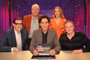 The Fake News Show. Image shows from L to R: Richard Osman, Stanley Johnson, Stephen Mangan, Katherine Ryan, Miles Jupp. Copyright: Hat Trick Productions