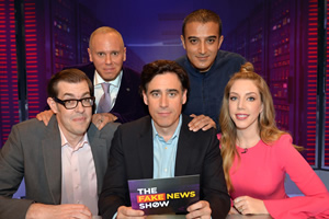 The Fake News Show. Image shows from L to R: Richard Osman, Robert Rinder, Stephen Mangan, Adil Ray, Katherine Ryan. Copyright: Hat Trick Productions