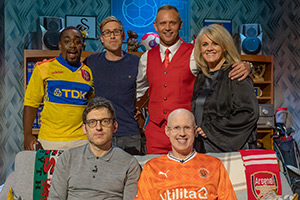 Fantasy Football League. Image shows left to right: Andrew Mensah, Elis James, Russell Howard, Lee Trundle, Matt Lucas, Sally Lindsay