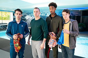 The First Team. Image shows from L to R: Jack Turner (Jack McMullen), Petey Brooks (Theo Barklem-Biggs), Benji Achebe (Shaquille Ali-Yebuah), Mattie Sullivan (Jake Short). Copyright: Fudge Park