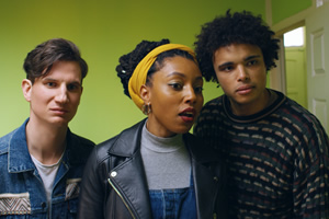 Flatshare. Image shows from L to R: Tom (Andrew Rowe), Kemi (Ani Nelson), Omar (Shaun Cowlishaw)