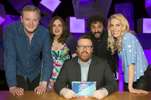 Frankie Boyle's New World Order. Image shows from L to R: Miles Jupp, Lucy Prebble, Frankie Boyle, Nish Kumar, Sara Pascoe. Copyright: Zeppotron